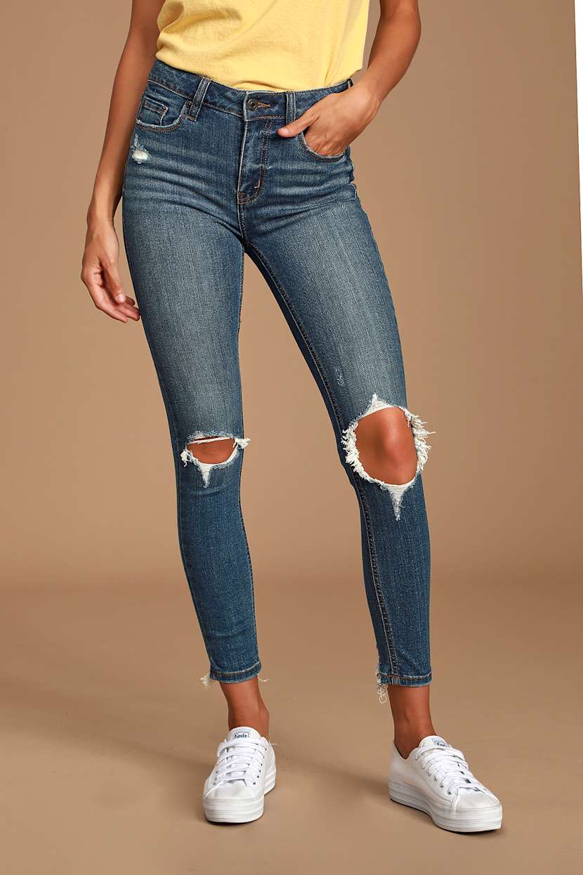 Dark Wash Jeans High Waisted Jeans Distressed Skinny Jeans Lulus