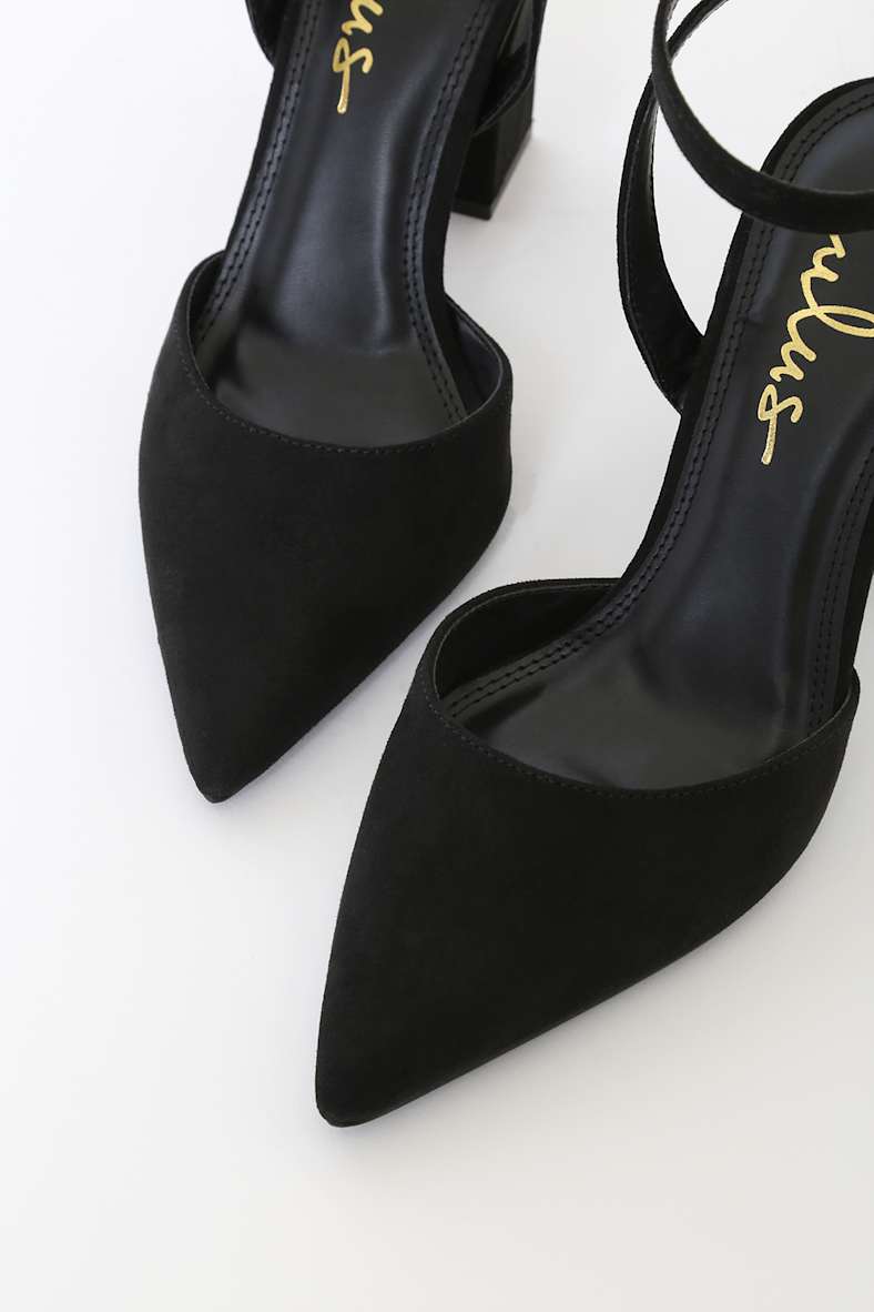 Viki Black Suede Pointed-Toe Ankle Strap Pumps