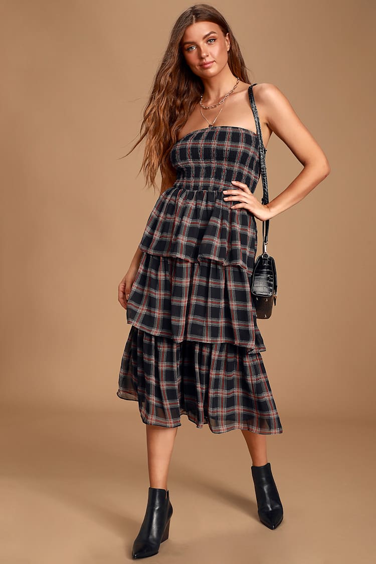 Cute Black Plaid Dress - Strapless Smocked Dress - Ruffled Dress - Lulus