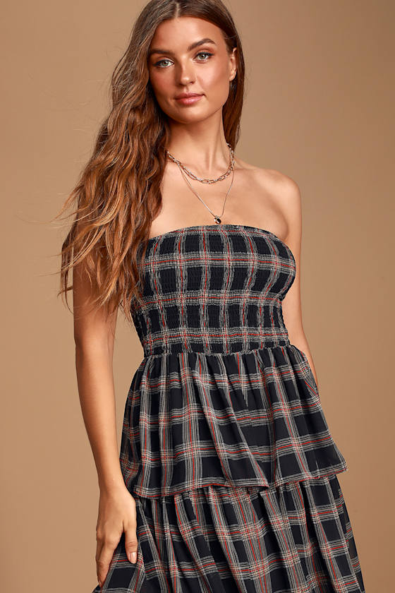 Jodee Black Plaid Strapless Ruffle Midi Dress 2