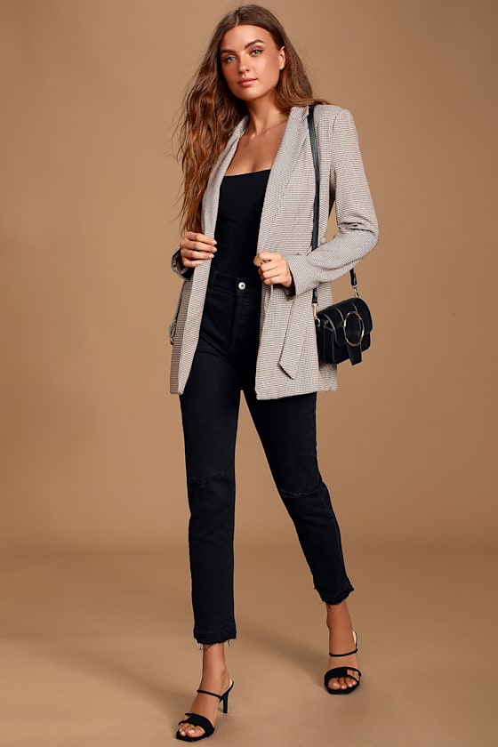 Sena Tan Multi Houndstooth Print Belted Blazer 2