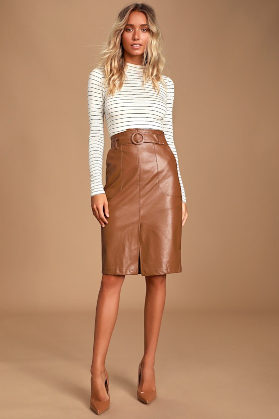 Rider Brown Vegan Leather Pencil Skirt 1