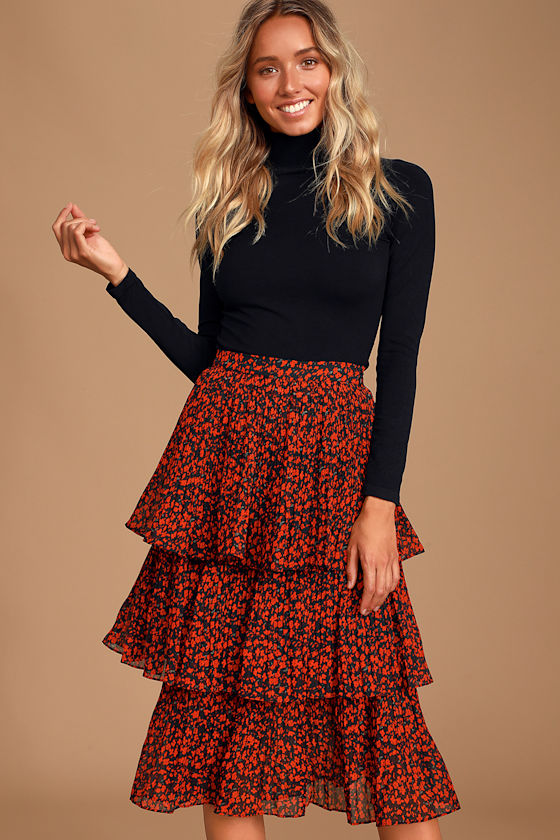 Duarte Black and Red Floral Print Pleated Tiered Midi Skirt 2
