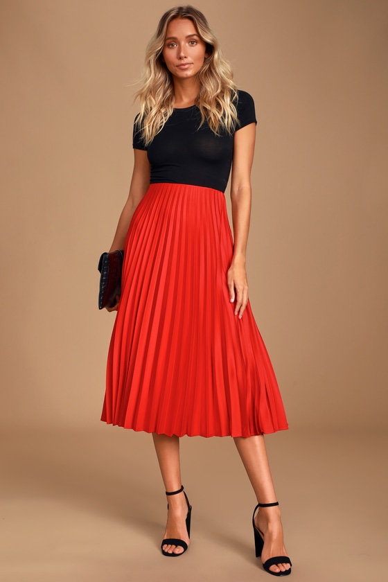 Classic Red Skirt - Satin Skirt - Midi Skirt - Pleated Skirt - Lulus