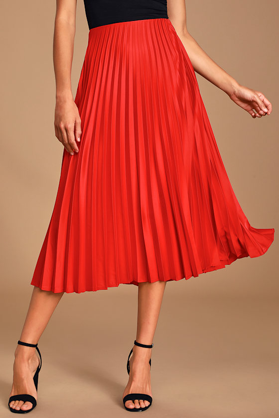 Classic Red Skirt - Satin Skirt - Midi Skirt - Pleated Skirt