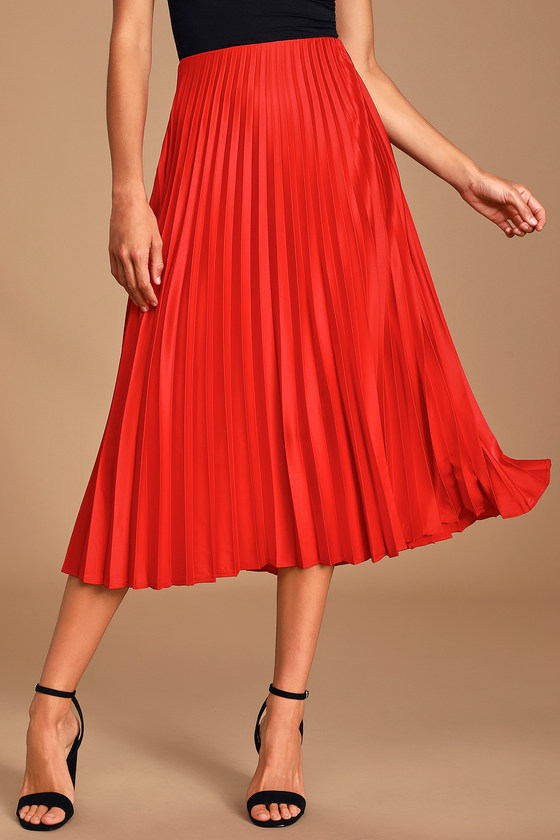 Classic Red Skirt - Satin Skirt - Midi Skirt - Pleated Skirt - Lulus