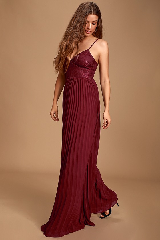 Smitten With You Burgundy Lace Pleated Maxi Dress