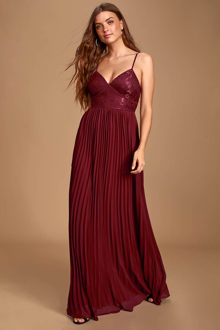 Smitten With You Burgundy Lace Pleated Maxi Dress