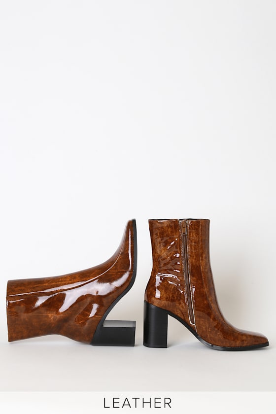 Bold Chocolate Patent Leather Square Toe Ankle Boots 2