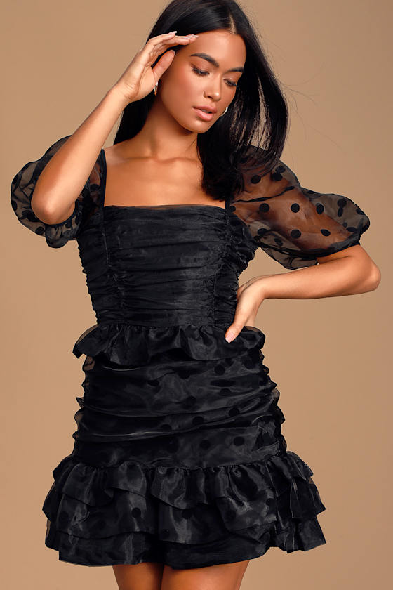 Bowknot polka dot ruffle puff sleeve mini dress main image 1
