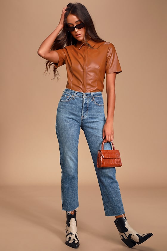 Bold Intentions Brown Vegan Leather Short Sleeve Button-Up Top 2
