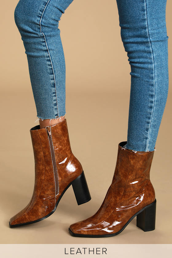 Bold Chocolate Patent Leather Square Toe Ankle Boots 4