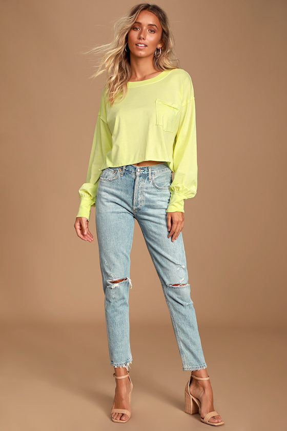 Austin Washed Lime Green Long Sleeve Cropped Tee 1