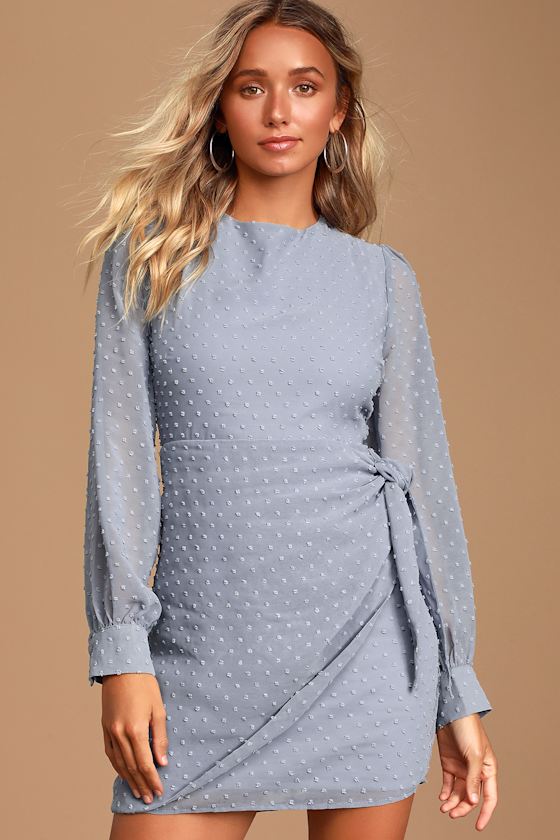 Much Love Light Blue Swiss Dot Long Sleeve Tie-Front Mini Dress 3