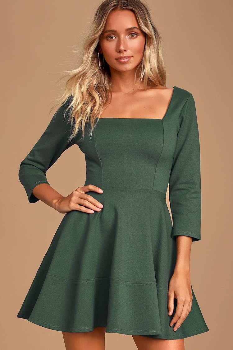 Hunter Green Dress - Three-Quarter Sleeve Dress - Skater Dress - Lulus