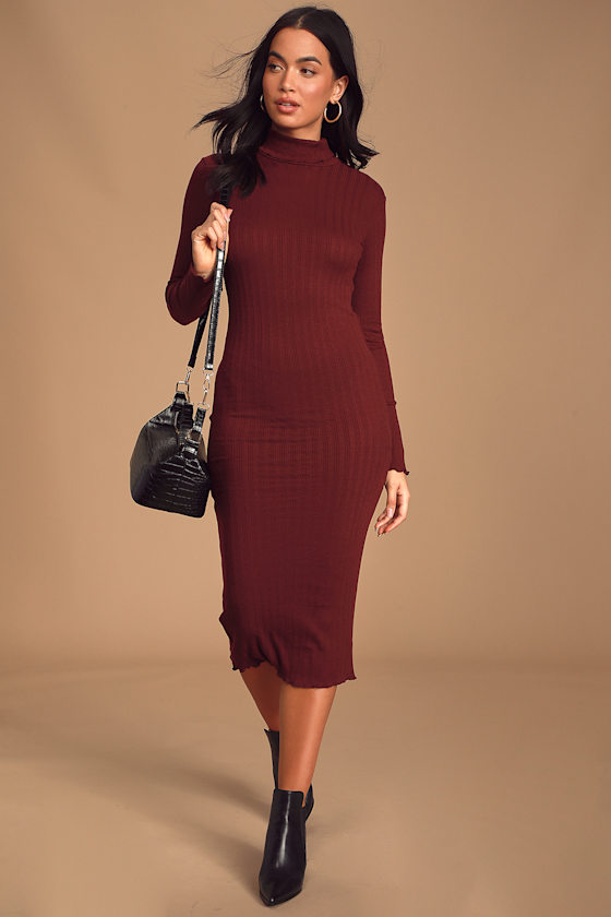 Lovely Burgundy Midi Dress Ribbed Knit Dress Turtleneck Dress Lulus