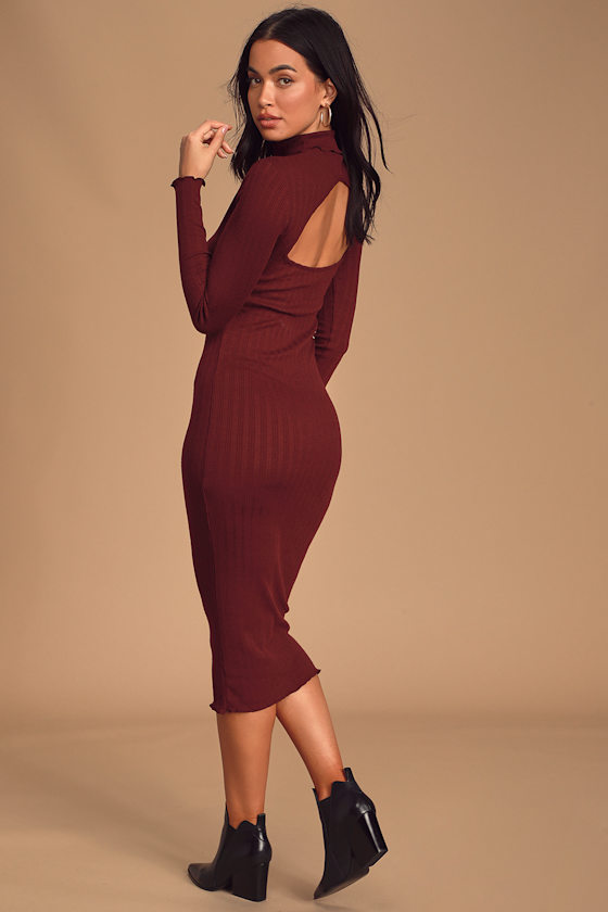 Elara Burgundy Ribbed Knit Long Sleeve Turtleneck Dress 3
