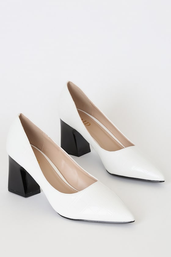 Amina White Crocodile Embossed Patent Pumps 1