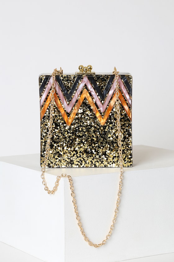 Zeina Gold Multi Glitter Acrylic Box Clutch 2