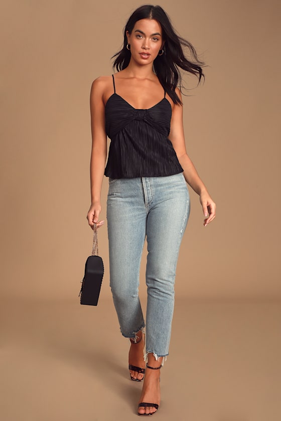 People Pleaser Black Pleated Satin Knotted Tank Top 2