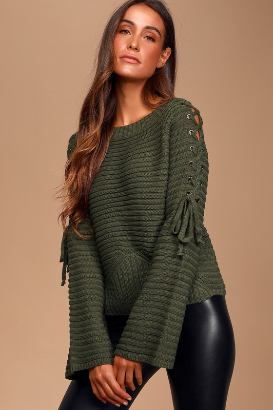 Olive Green Sweater - Cable Knit Sweater - Lace-Up Sleeve Sweater - Lulus