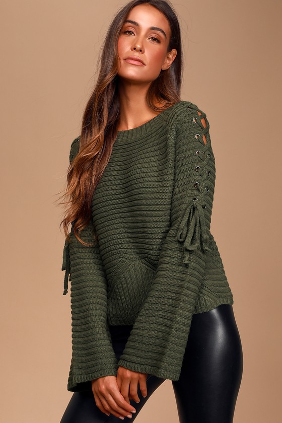 Olive Green Sweater Cable Knit Sweater LaceUp Sleeve Sweater Lulus