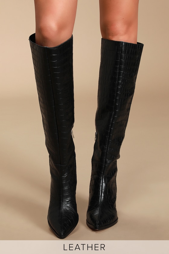 black crocodile knee high boots