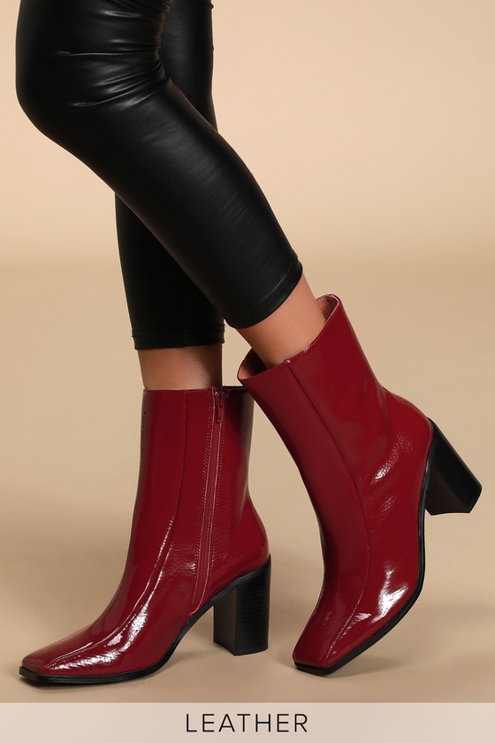 Bold Rosewood Red Patent Leather Square Toe Ankle Boots