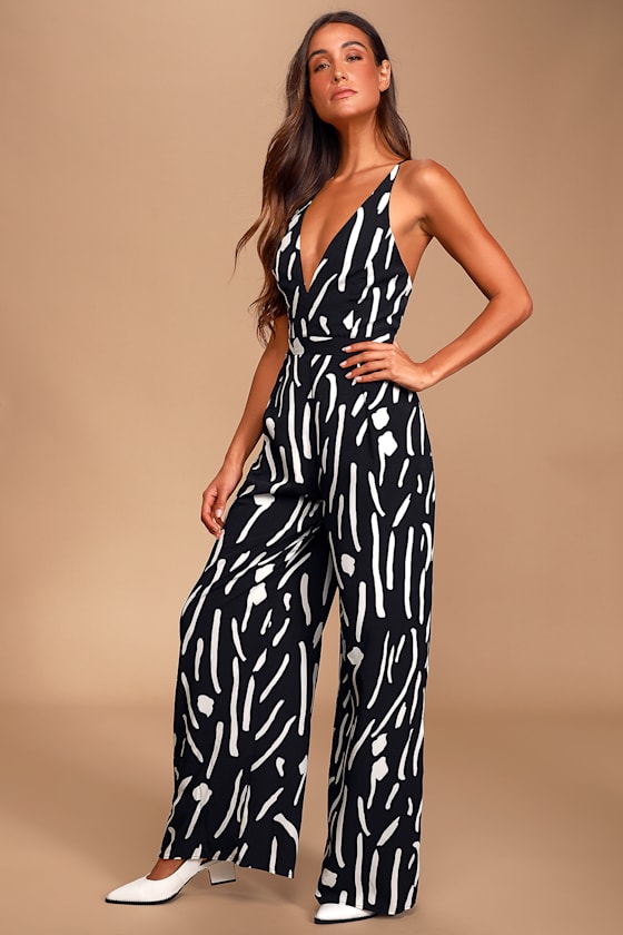 Black and White Jumpsuit WideLeg Jumpsuit Plunging Jumpsuit Lulus