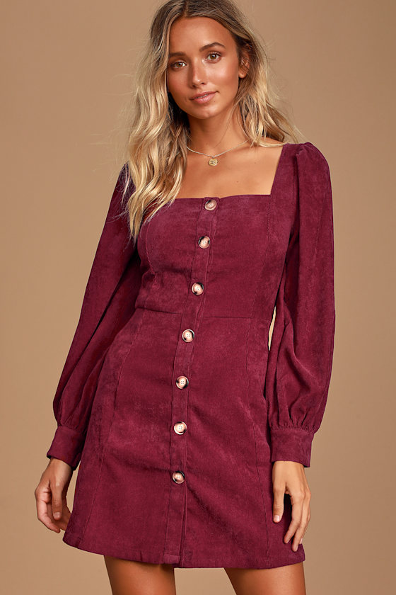 Amabelle Burgundy Corduroy Long Sleeve Button-Up Mini Dress 2