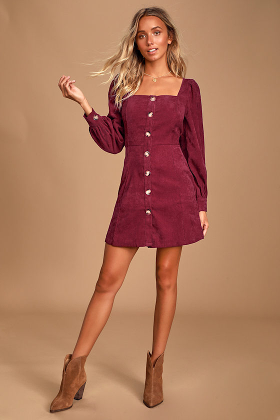 Amabelle Burgundy Corduroy Long Sleeve Button-Up Mini Dress 1