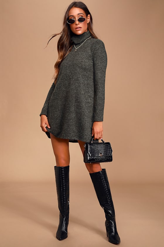 Alaina Olive Green Long Sleeve Turtleneck Sweater Dress 1