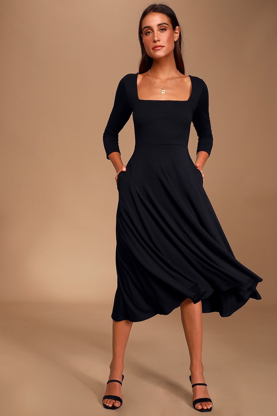 Black Midi Dress - Three-Quarter Sleeve 