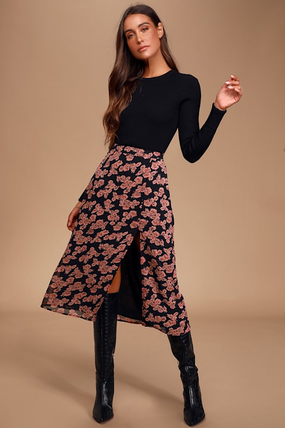 Eye for Aesthetics Black Floral Print Midi Skirt 2
