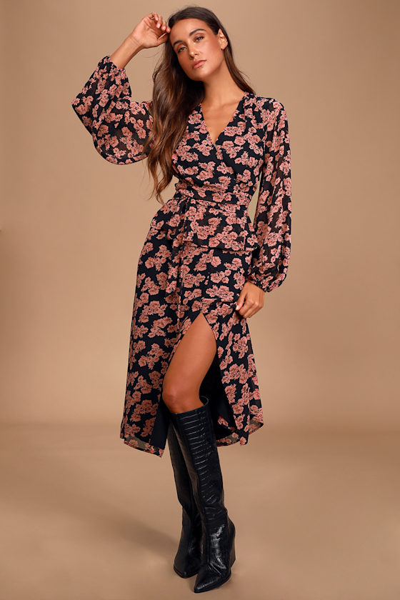 Eye for Aesthetics Black Floral Print Long Sleeve Wrap Top 1