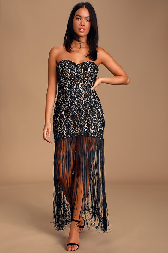 Black Strapless Dress - Lace Fringe Dress - Fringe Lace Dress - Lulus