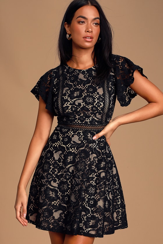 black lace midi skater dress