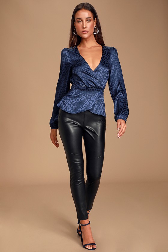 Navy Satin Blouse - Satin Leopard Print Blouse - Peplum Wrap