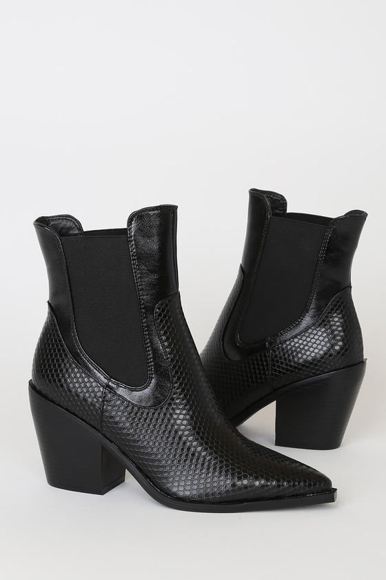 RAID Alyson Black Snake Pointed-Toe Mid-Calf High Heel Boots