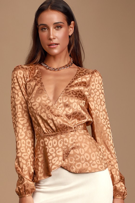Day Love Tan Jacquard Leopard Print Satin Peplum Wrap Top