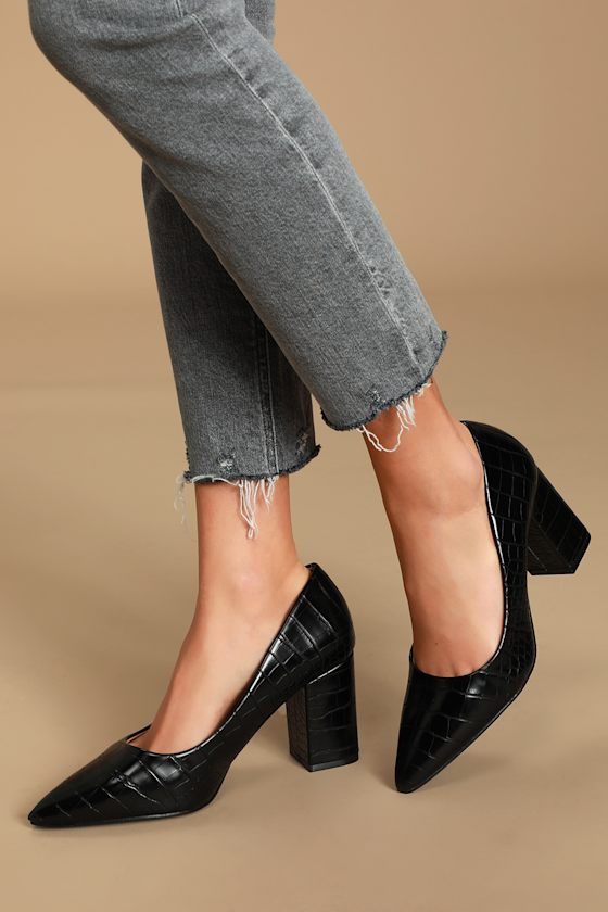 Elizah Black Crocodile-Embossed Pointed-Toe Pumps 1