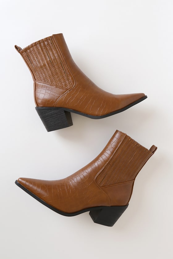 Rocco-1 Tan Crocodile Embossed Pointed-Toe Ankle Boots 3