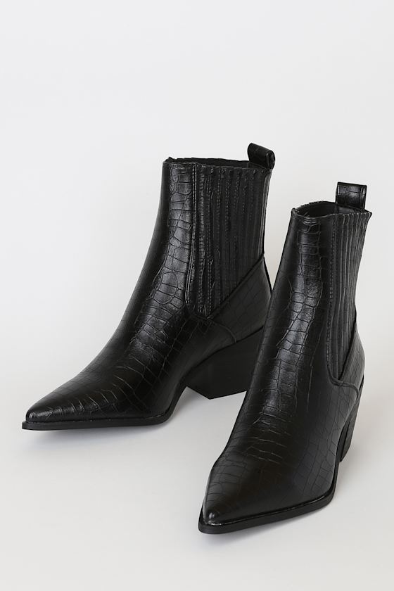 Rocco-1 Black Crocodile Embossed Pointed-Toe Ankle Boots 3