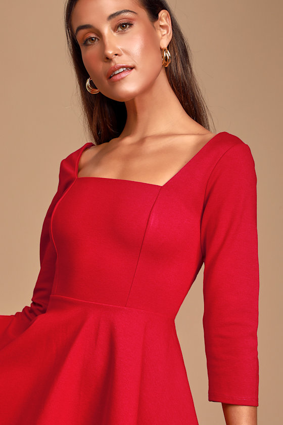 Spinning Around Red Three-Quarter Sleeve Skater Dress 4