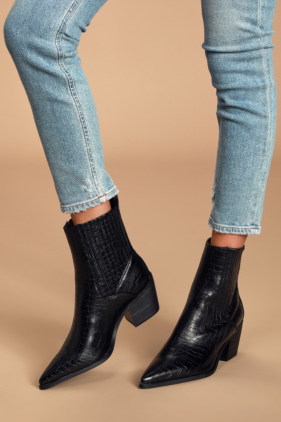 black croc print ankle boots