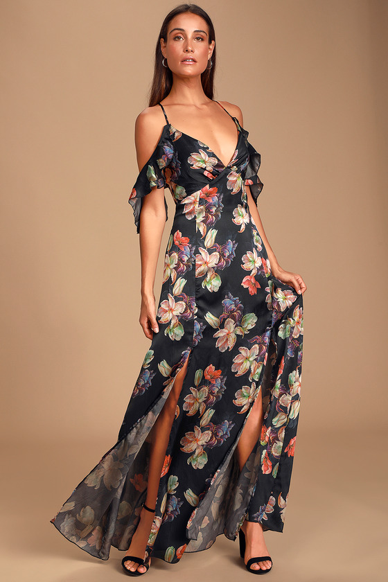 Glam Satin Maxi Dress - Floral Print Maxi - Cold-Shoulder Maxi - Lulus