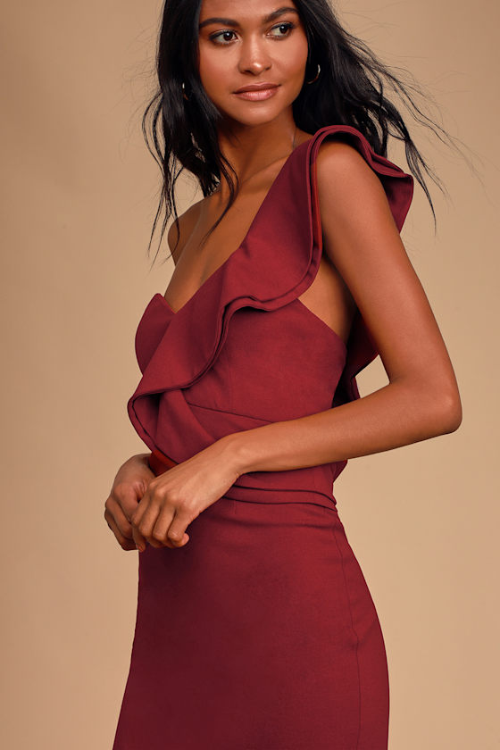 Burgundy One-Shoulder Draped Ruched Mini Dress main image 1