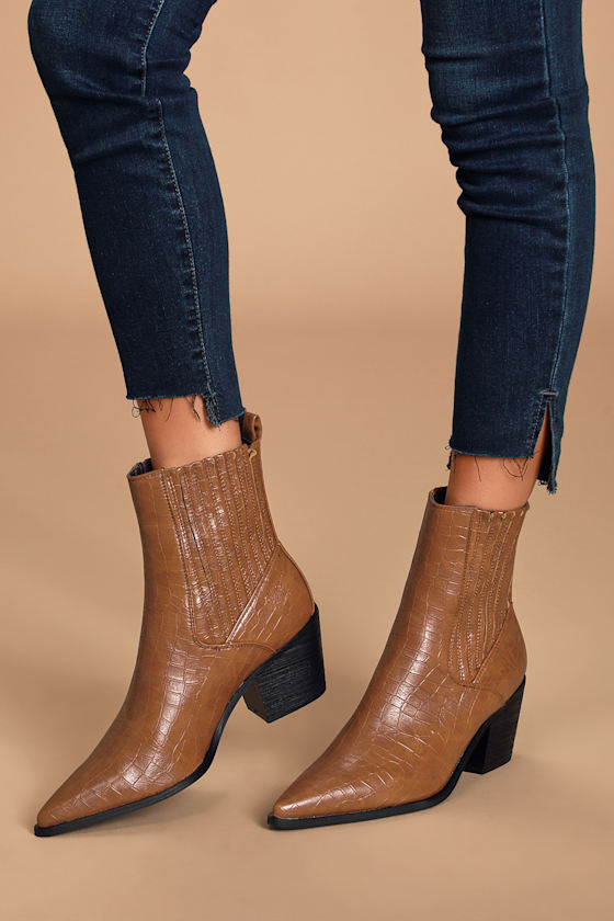 Rocco-1 Tan Crocodile Embossed Pointed-Toe Ankle Boots 4