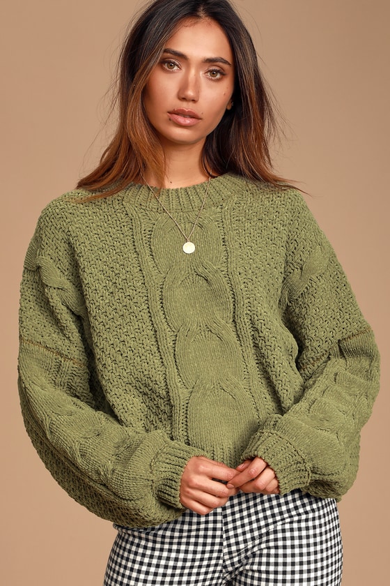 Olive Green Sweater Chenille Sweater Cable Knit Sweater Lulus