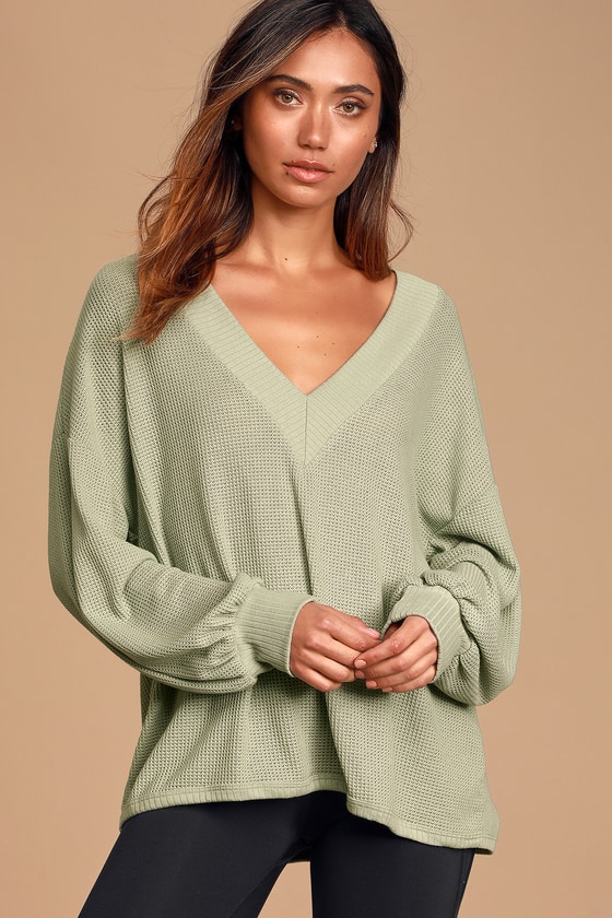 Personal Record Sage Green Knit Balloon Sleeve Sweater Top